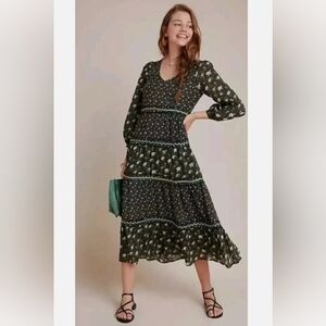 Anthropologie Dark Green Floral Maxi Dress Size 6